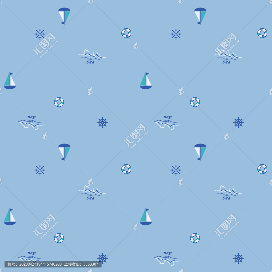 帆船海浪救生圈船舵印花圖案