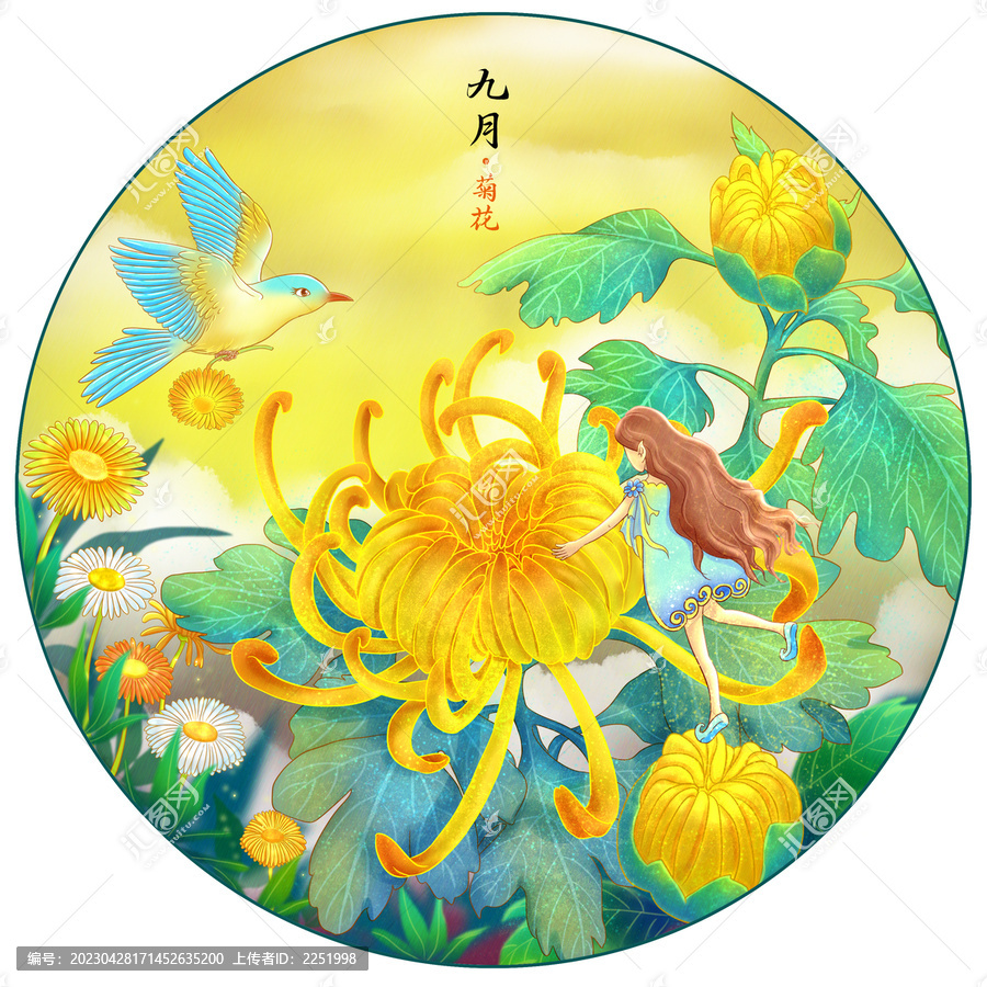 九月菊花與鳥裝飾畫
