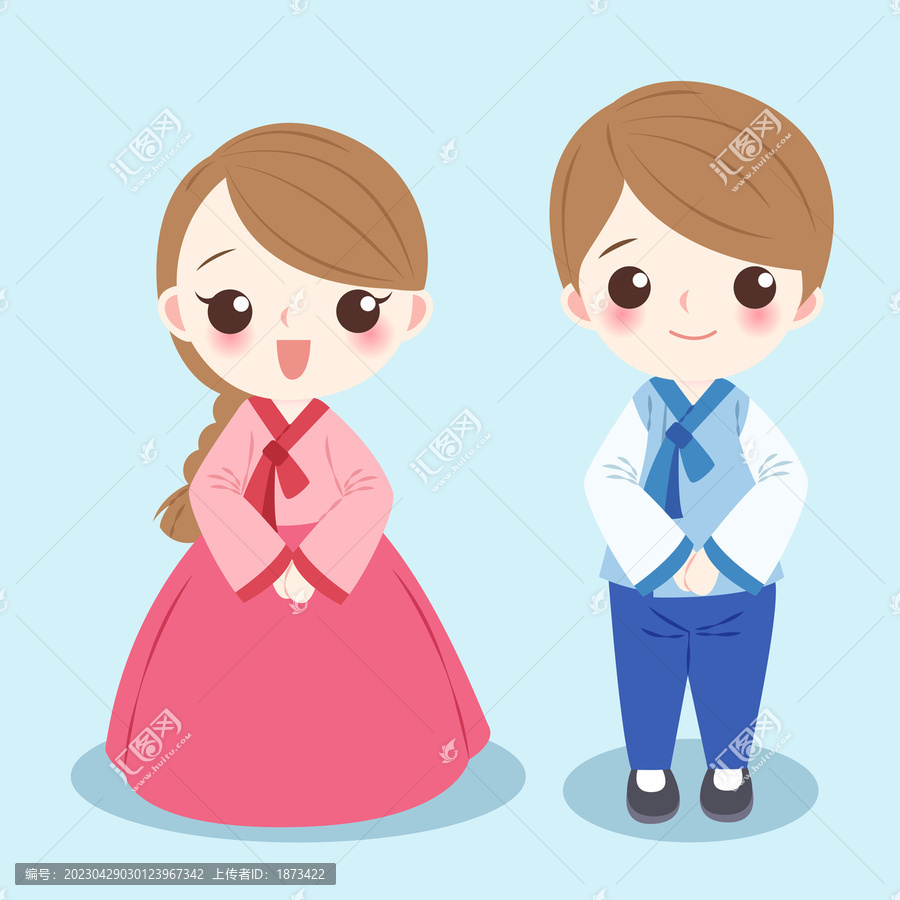 卡通風(fēng)穿著傳統(tǒng)韓服的人物插圖