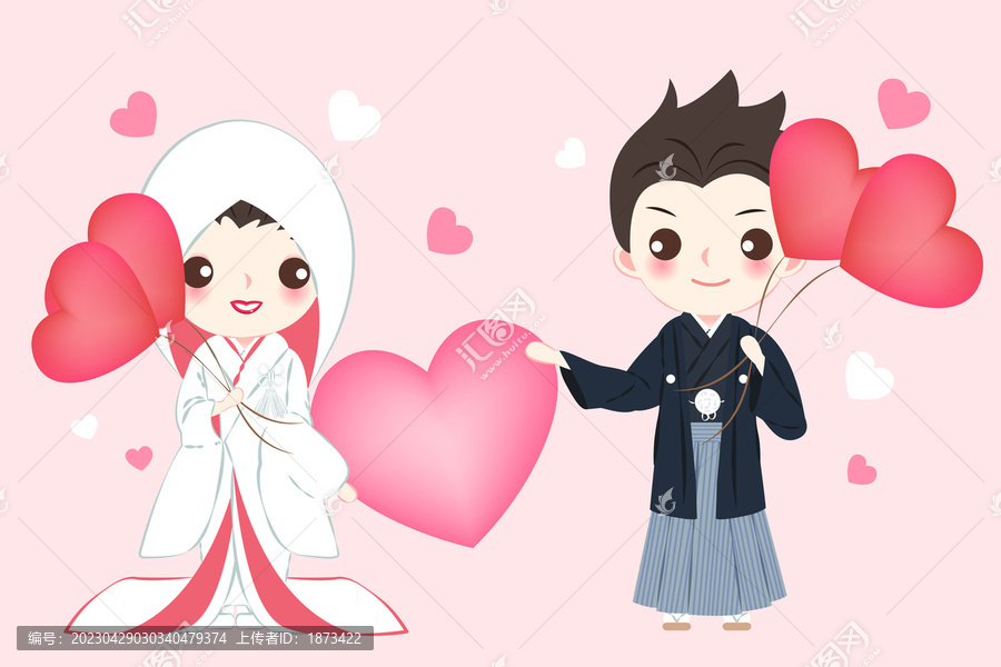 卡通日本传统婚礼夫妇,拿着爱心气球插图