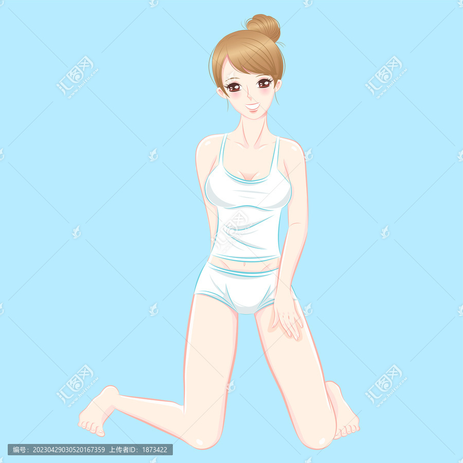 健康肌肤的亚洲女性,正面跪着插图