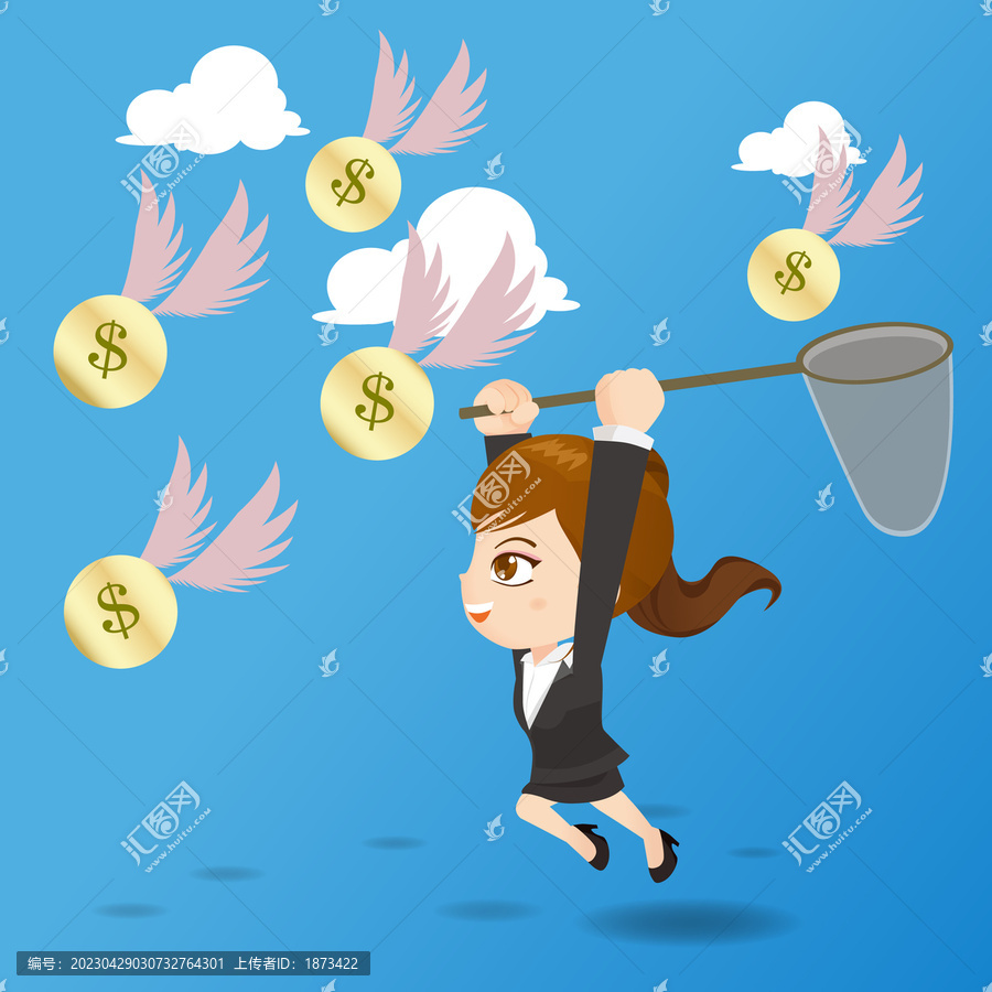 卡通風(fēng)商人捕捉會飛的錢幣插圖