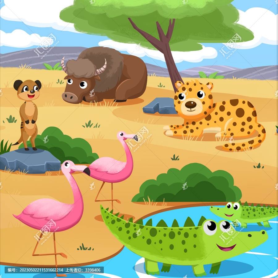 非洲卡通动物美洲豹鳄鱼耗牛