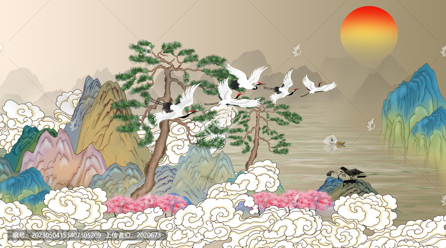 意境迎客松國潮山水裝飾畫