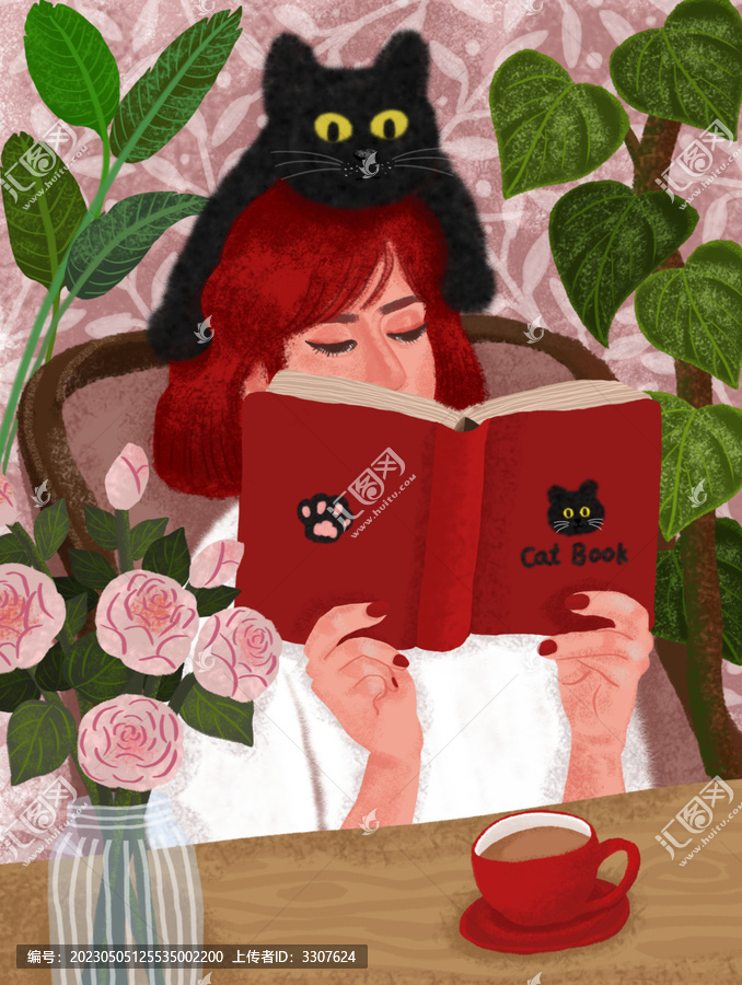 黑貓女生閱讀看書綠植花咖啡