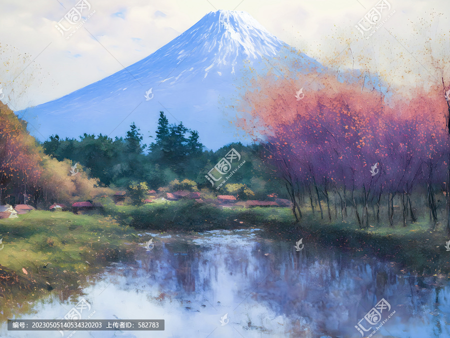 手绘富士山风景画