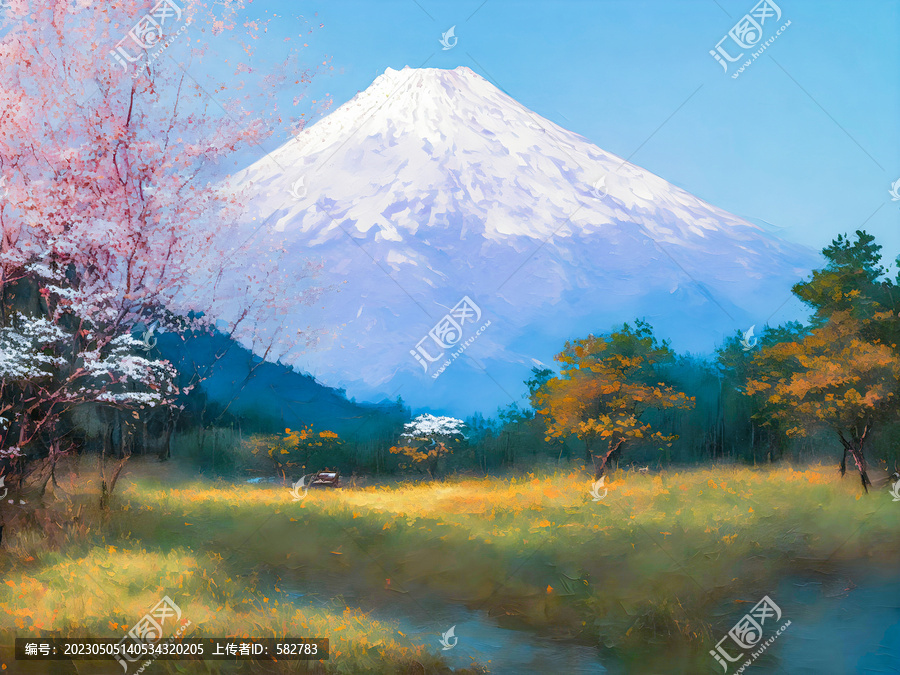 手绘富士山风景画