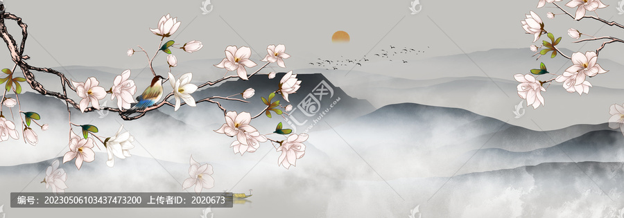 新中式水墨玉蘭花背景墻