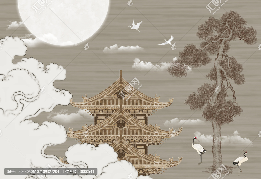 新中式祥云閣樓建筑背景墻
