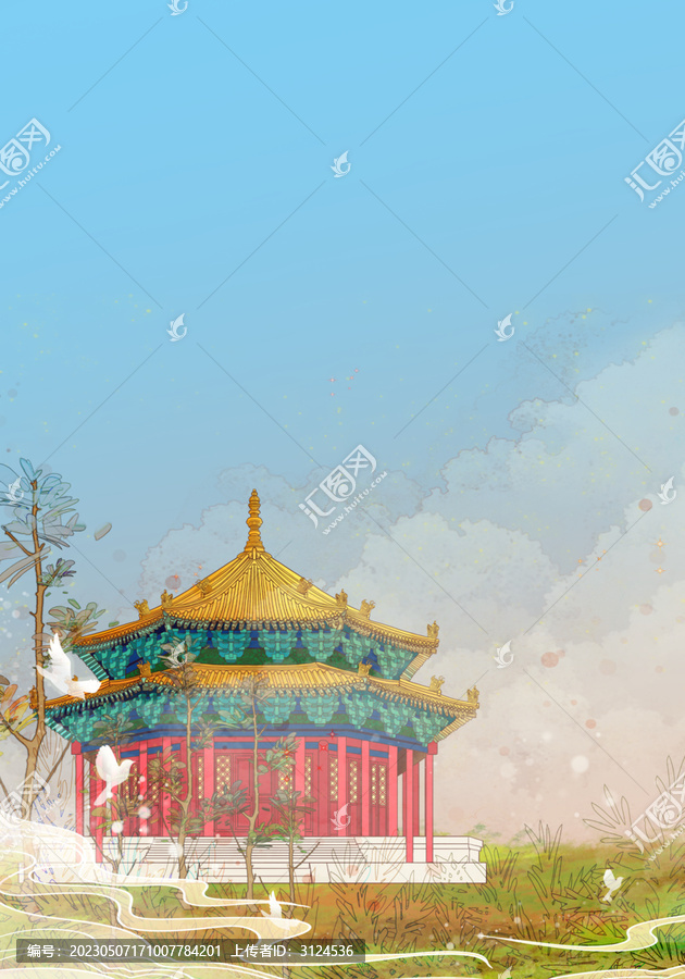 沈陽(yáng)故宮古建筑國(guó)風(fēng)插畫(huà)豎版