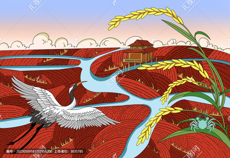 紅海灘稻田大米插畫