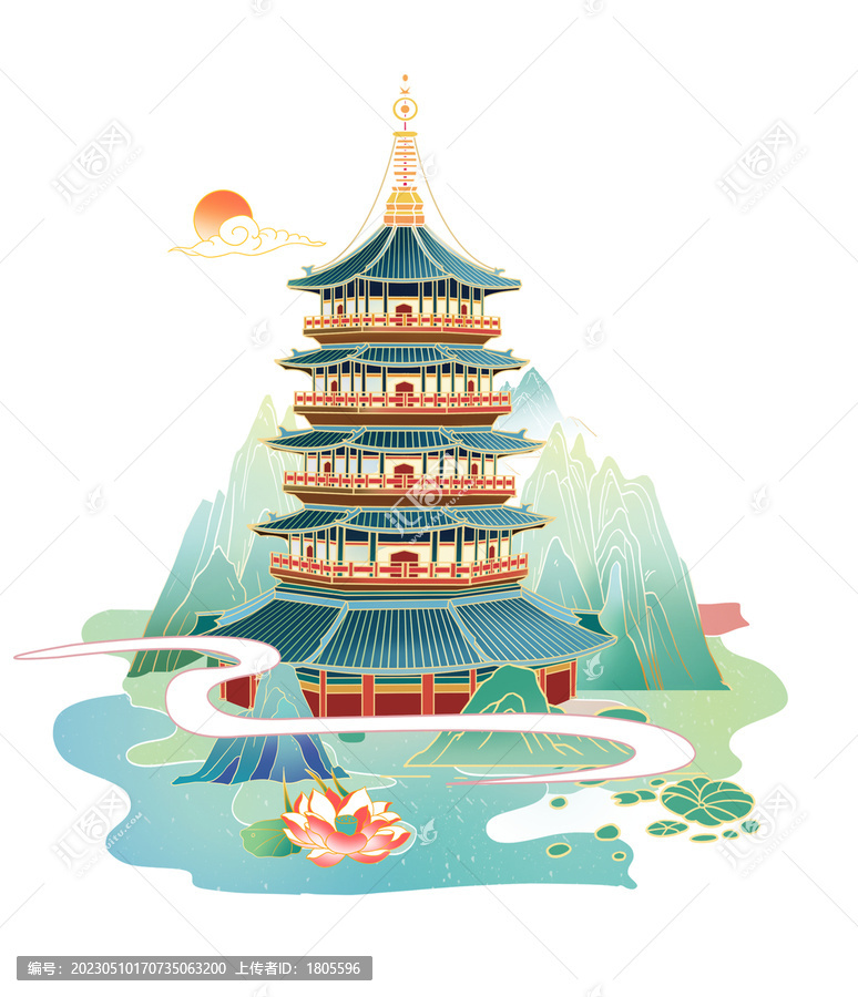 杭州雷峰塔插畫分層