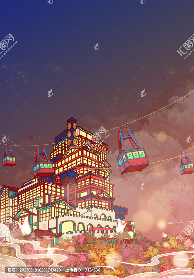 重慶洪崖洞國風(fēng)節(jié)日插畫豎版