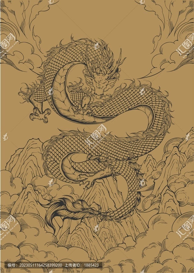 中國龍線稿手繪龍圖騰矢量圖