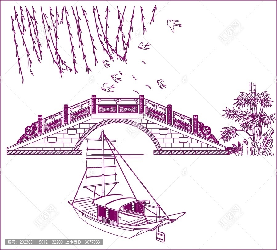 绍兴拱桥帆船图