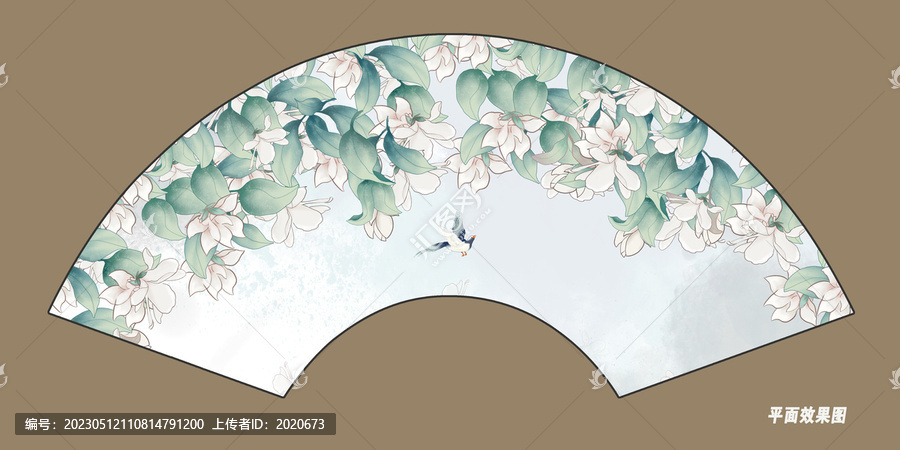 折扇水彩花鳥插畫