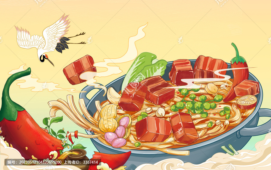 国风国潮卤肉焖面美食手绘插画