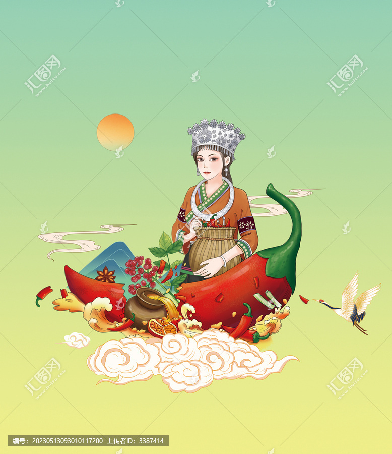 國風辣醬調(diào)料民族女孩蘸水插畫