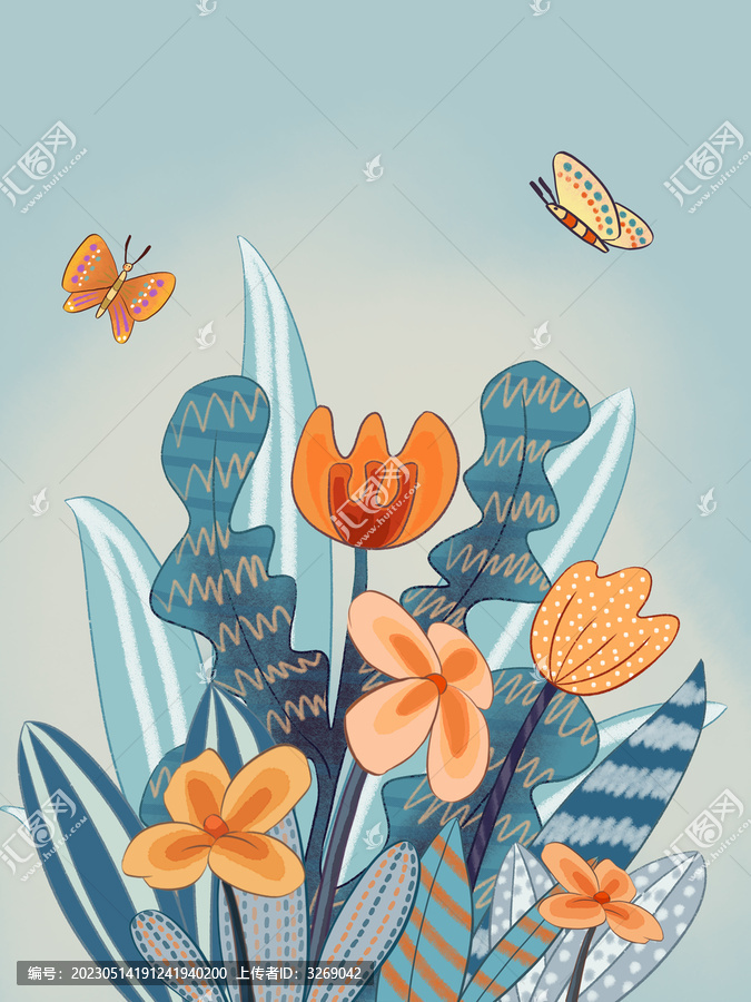 藍(lán)色肌理插畫(huà)花花