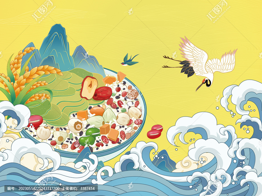 國風(fēng)五谷雜糧粥手繪插畫