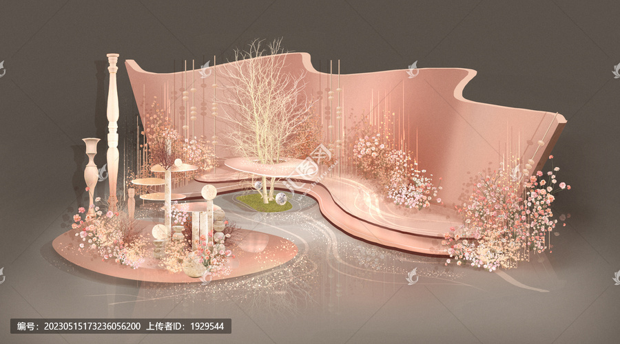 香檳粉色異形舞臺婚禮迎賓區(qū)