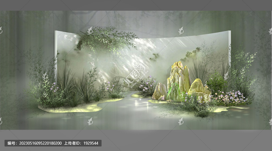 中式青綠山水森系婚禮舞臺(tái)背景