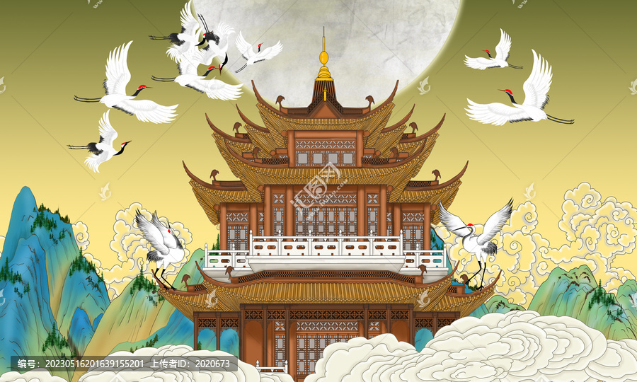 閣樓國潮仙鶴山水