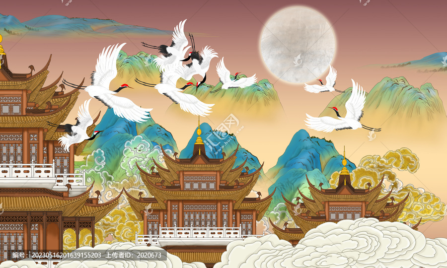 閣樓國(guó)潮仙鶴山水