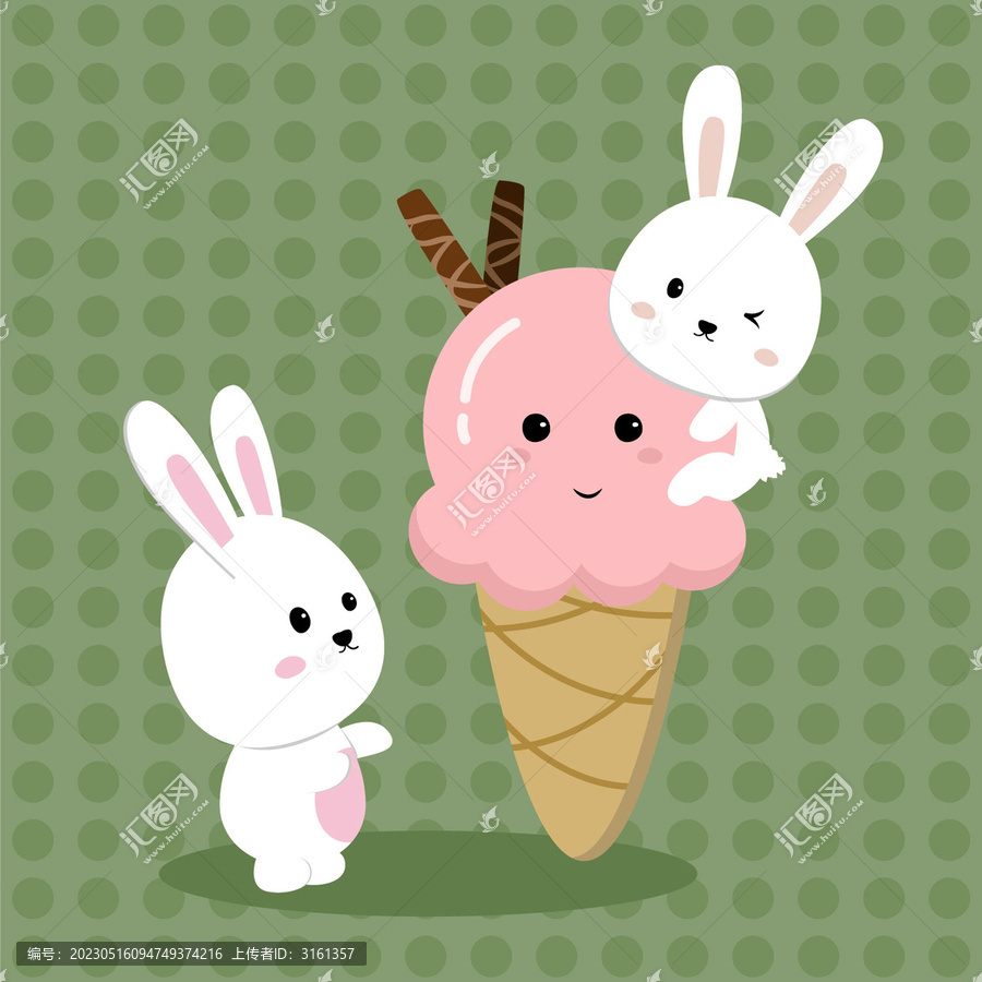 夏天卡通冰激凌兔子插画背景
