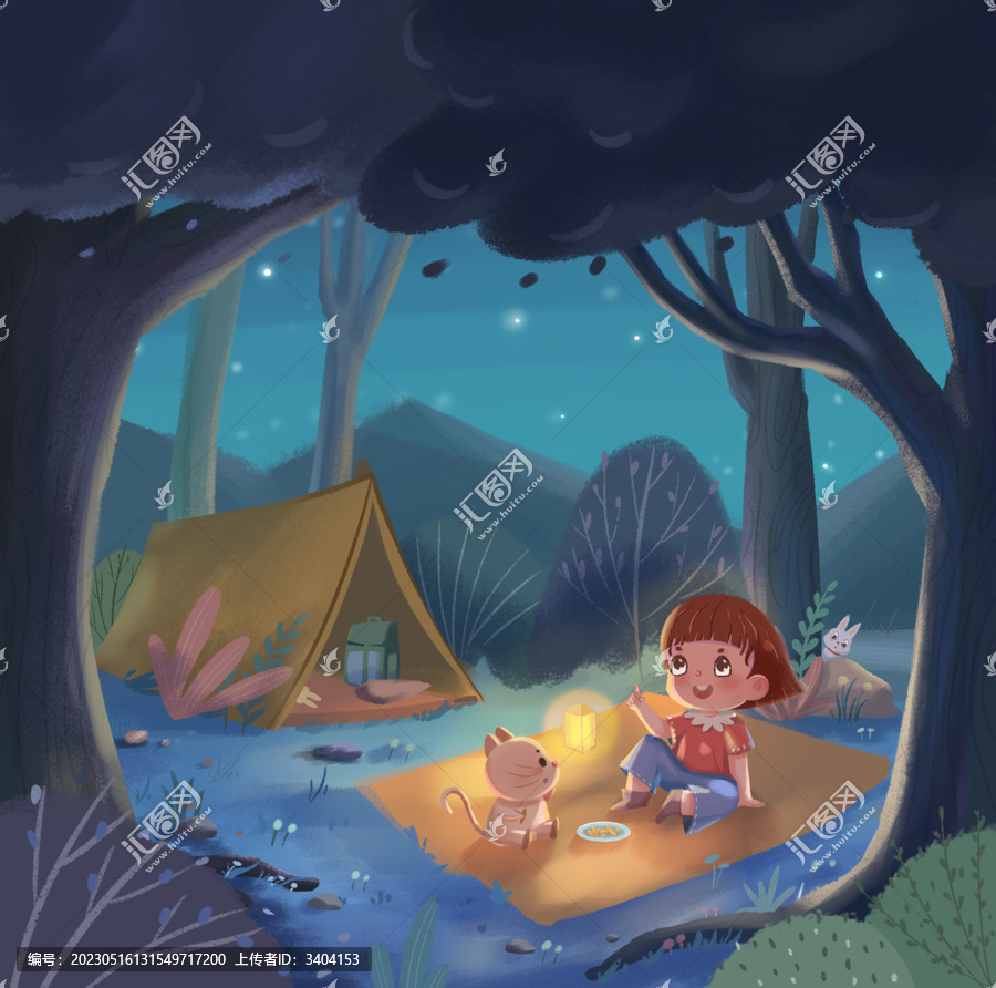 手繪可愛夏季露營場景