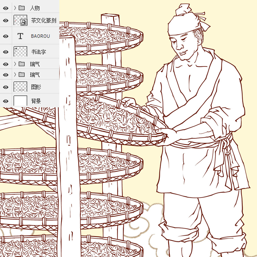 晾青工藝制茶線描圖