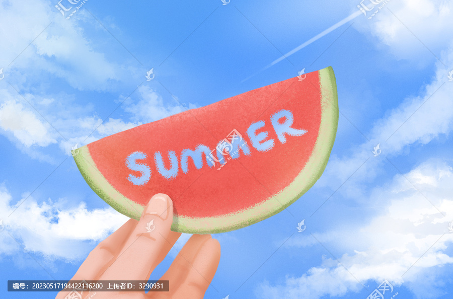 夏天藍天下拿著西瓜