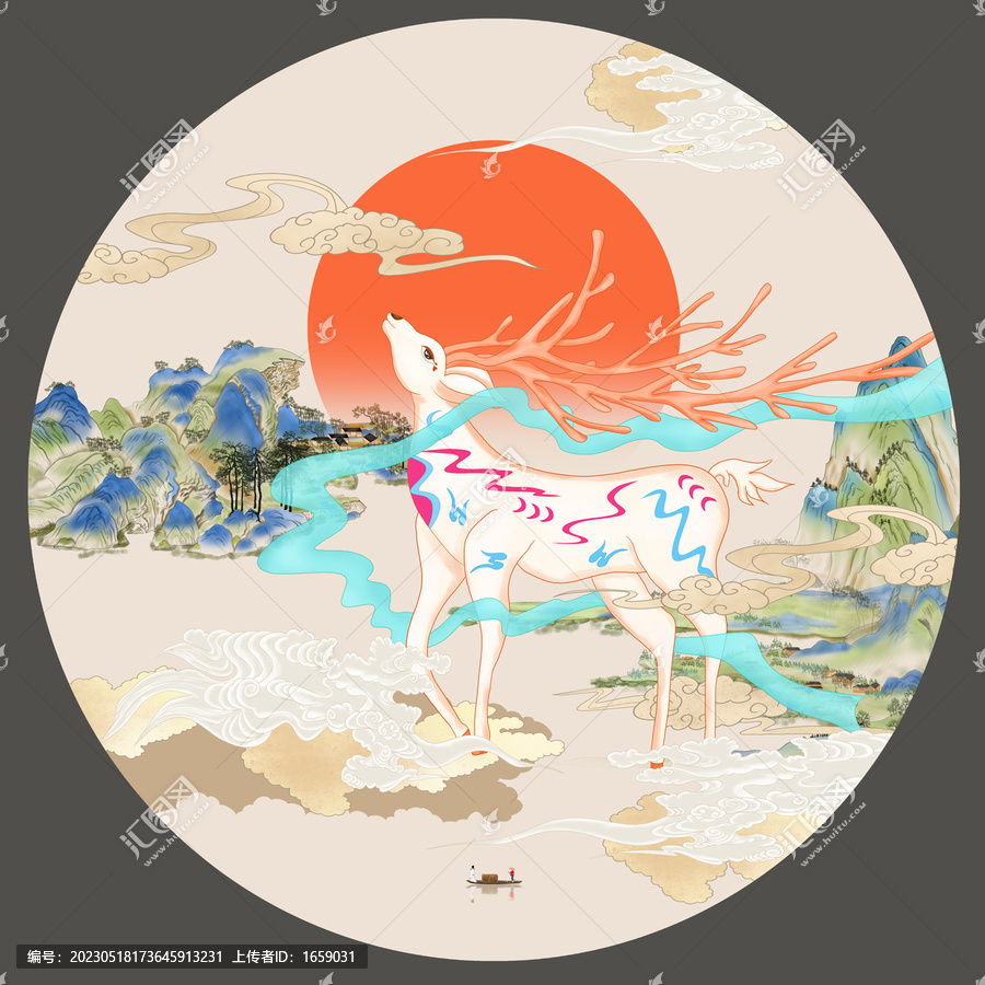梅花鹿山水插畫