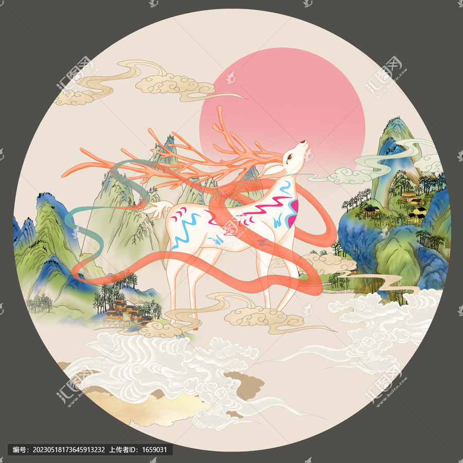 國(guó)潮梅花鹿山水插畫