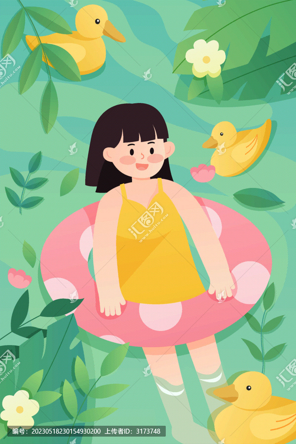 夏天女孩池塘里玩耍插畫