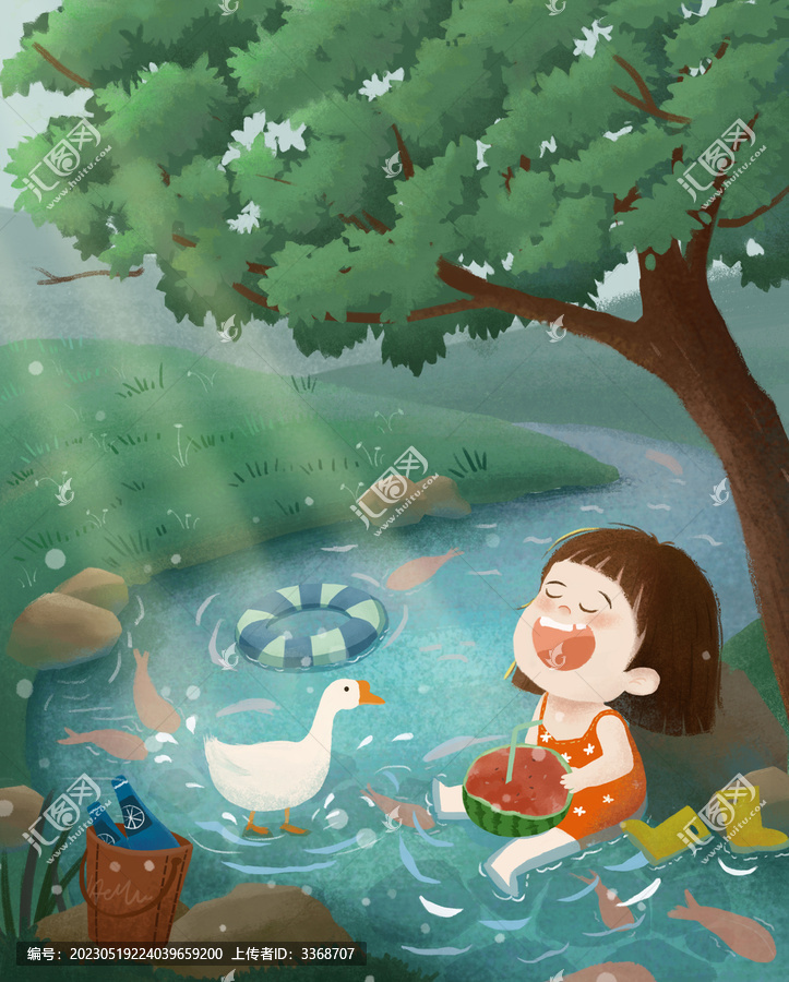 夏天暑假戶外樹下玩水吃西瓜