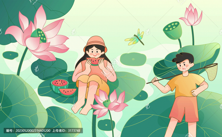 夏天同伴池塘吃西瓜玩耍插畫(huà)