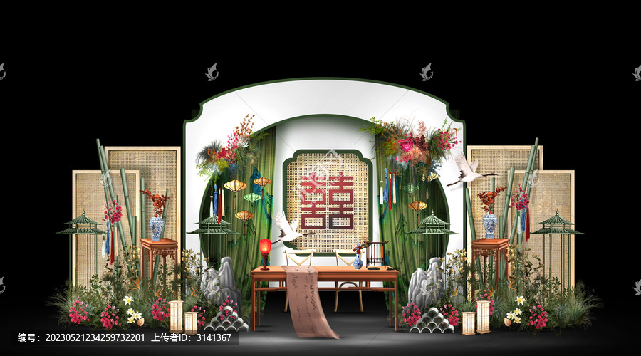復(fù)古白綠新中式婚禮簽到效果圖