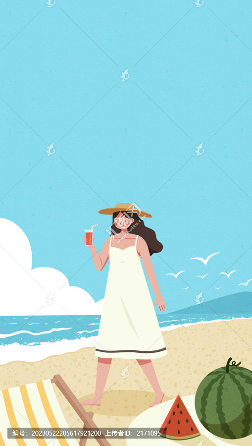 夏天沙灘上吃西瓜游玩插畫(huà)