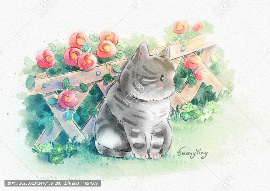 花園貓咪水彩畫