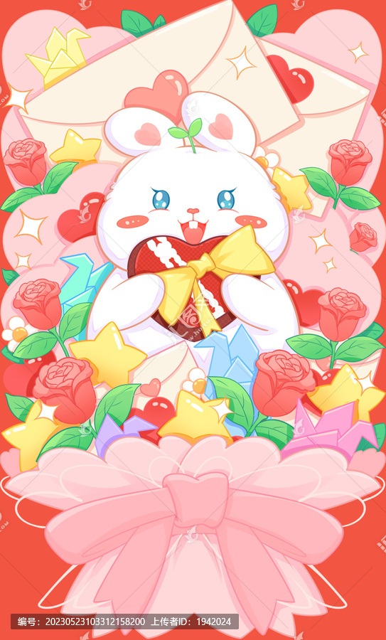 情人节兔兔信封花束玫瑰卡片