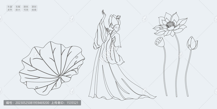 矢量白描荷花仙子線稿