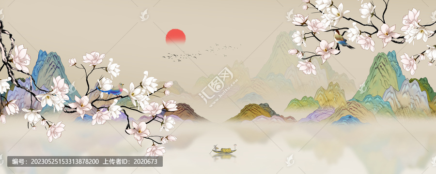 國潮玉蘭花山水花鳥插畫