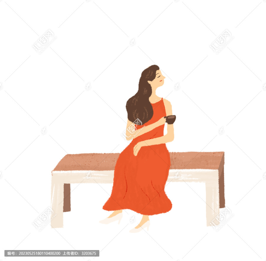 女人喝咖啡插畫元素素材