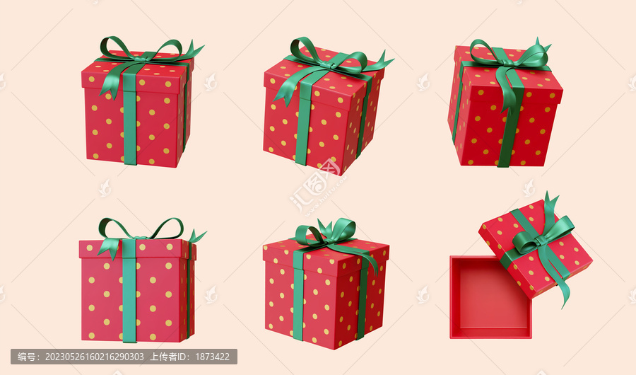 圣诞红绿色波点礼物盒包装多视图素材组合