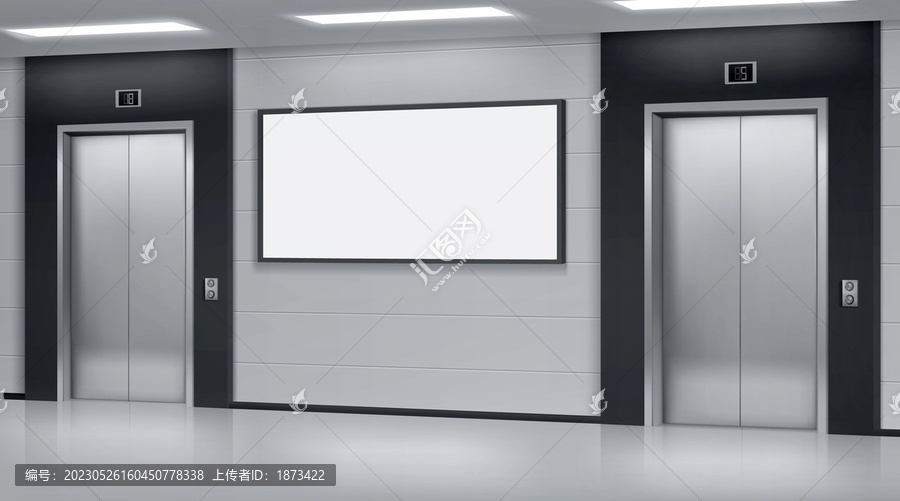 办公室或现代酒店走廊配有电梯和空白显示屏