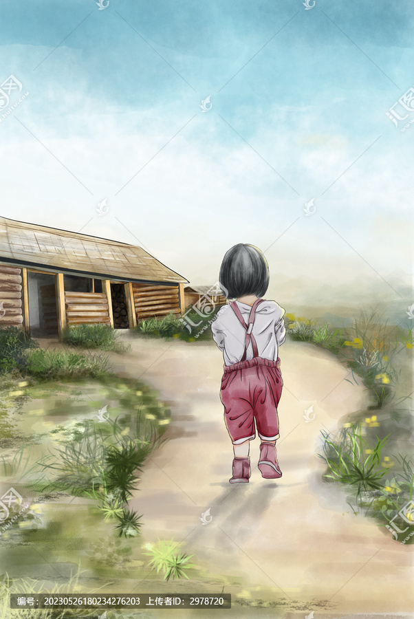 手繪插畫郊外女孩