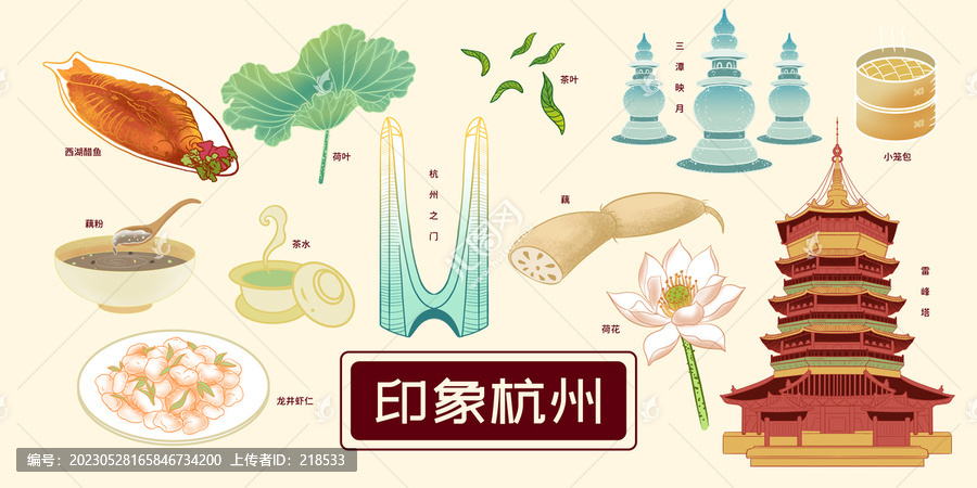 杭州城市名片旅游宣傳地標插畫