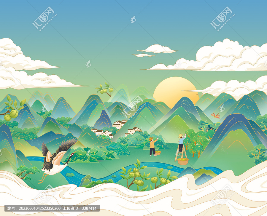 國風山核桃果林園子手繪插畫