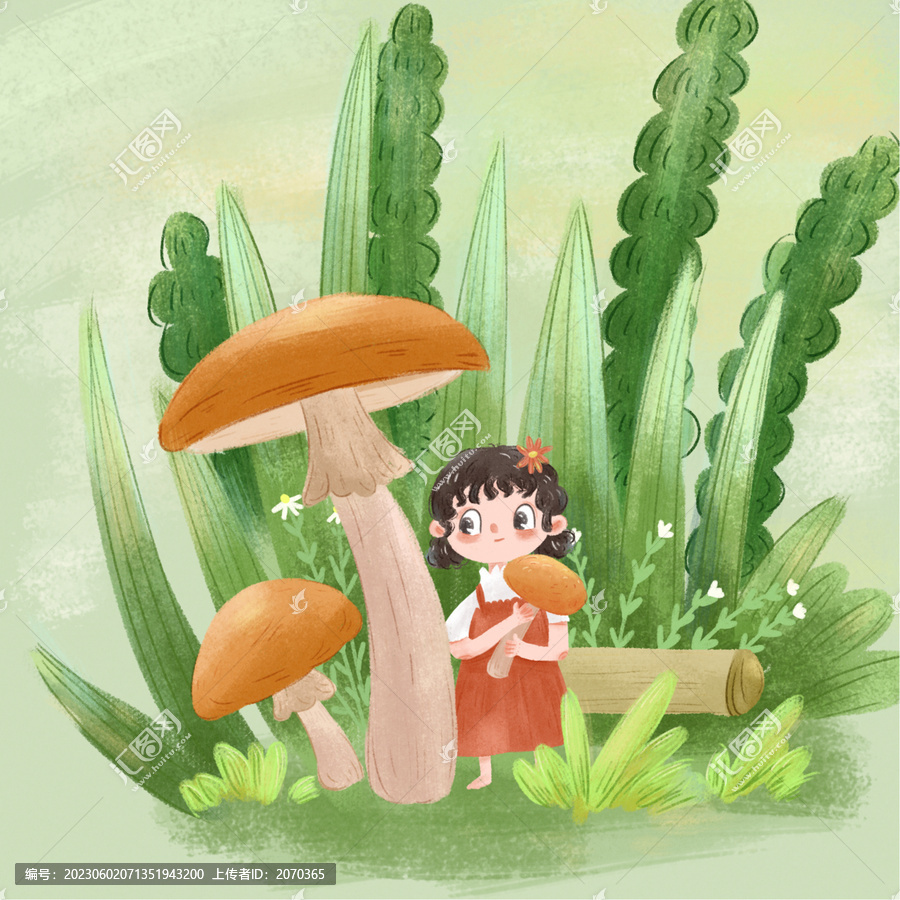 插画小场景草丛里的蘑菇小孩